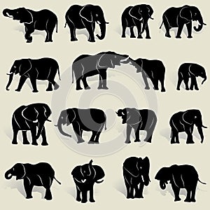 A set of silhouettes of African elephants in various postures