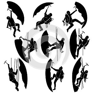 Set silhouettes of alpinists (climbers).