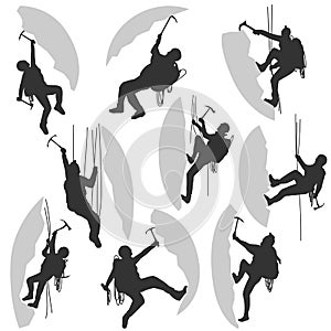 Set silhouettes of alpinists.