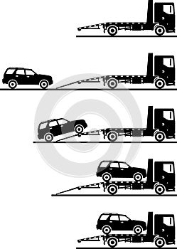 Set of silhouettes auto transporter and car isolated on white background in different positions. Vector illustration.