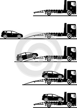 Set of silhouettes auto transporter and car on white background in different positions. Vector illustration.