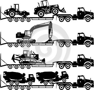 Set of silhouettes auto transporter and heavy construction machines on white background in different positions