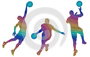 Set of silhouettes of basketball players from colored dots. Isolated vector images