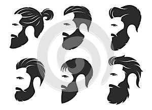 Set of silhouettes of a bearded men, hipster style. Barber shop