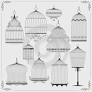 Set of silhouettes of birdcages