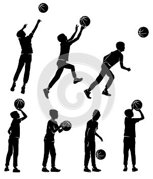 Set silhouettes boy playing basketball