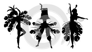 Set of silhouettes of Brazilian samba dancers. Carnival girls are wearing a festival costume and dancing.Flat style