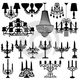 set of silhouettes of candelabra lamps and candlesticks with candles and crystal chandeliers on a white