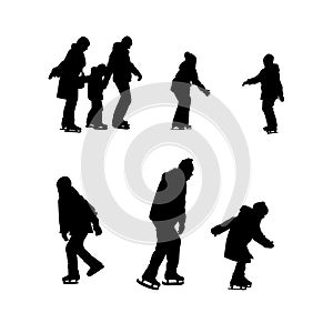 Set of silhouettes of children and adults skating.