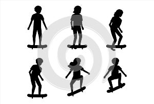 Set of silhouettes of children who ride a skateboard and do tricks