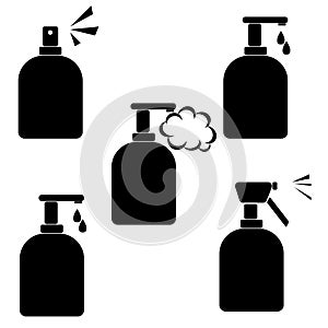 Set of silhouettes of containers with disinfectants or antiseptics, hand washing and surface treatment