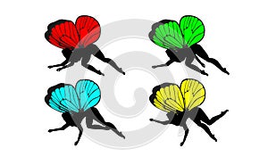 Set, silhouettes of cute girly fairies. With colorful wings. Vector illustration