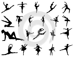 Set of silhouettes of dancing ballerinas isolated on a white background