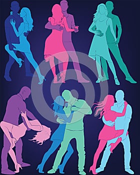A set of silhouettes of a dancing couple.