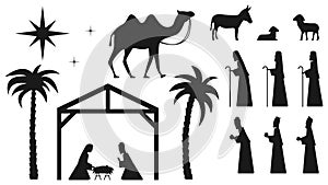 Set of silhouettes of the den. Baby Jesus in a manger, Mary, Joseph, shepherds, wise men, etc. The birth of Jesus Christ