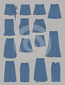 Set of silhouettes of denim skirts