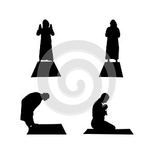 Silhouette man set of Muslim Man with Prayer Mat in Sujud Sajdah and Hands Raised Islamic Worship Icon Representing Prayer, photo
