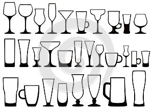 Set of silhouettes of different glasses for drinks. Vector
