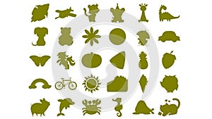 Set of Silhouettes of different icons and logos, animals, and various items isolated on white background