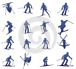 Set of silhouettes of different skiers