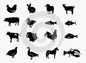 Set of silhouettes of farm animals. Collection of stylized meat animals and fish. Set of black farmer logos.