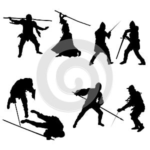 Set of silhouettes of fighters, swordsmen, lancers, men and women in armor with a sword, spear and staff, isolated on white backgr