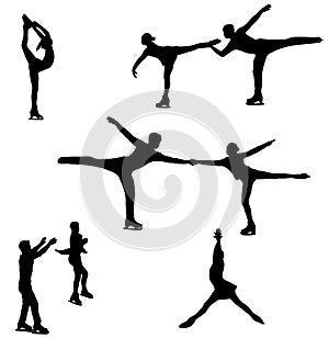 Set of silhouettes of figure skaters in single and pair skating. Winter sport. Vector