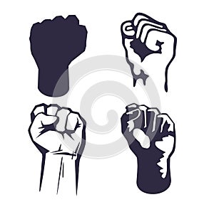Set of silhouettes Fist raised up in protest
