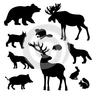 A set of silhouettes of forest animals