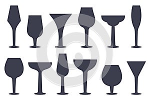 Set of silhouettes glass empty glasses isolated. Glassware of different forms for alcohol beverage and cocktail. Utensils for