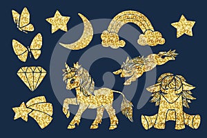 Set of silhouettes with golden unicorns, rainbow, butterflies and starry sky