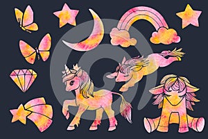 Set of silhouettes with golden unicorns, rainbow, butterflies and starry sky