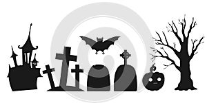 Set of silhouettes of Halloween landscapes elements. Isolated on a white background. Vector illustration. Collection of halloween