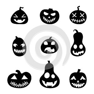 Set of silhouettes of Halloween scary pumpkins. Illustration of Jack-o-lantern facial expressions. Simple collection spooky horror