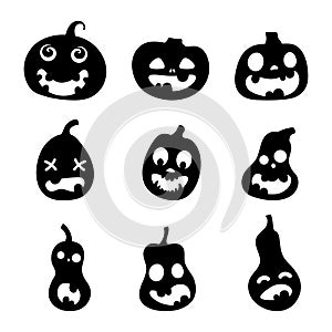 Set of silhouettes of Halloween scary pumpkins. Illustration of Jack-o-lantern facial expressions. Simple collection spooky horror