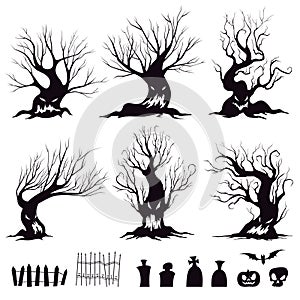 Set of silhouettes for halloween sinister trees, fences, graves, skull, pumpkin and bat