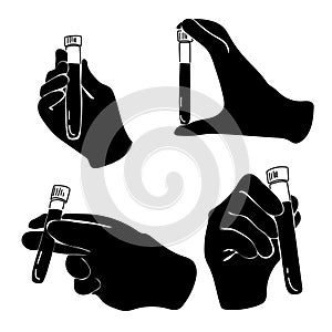 Set of silhouettes hand with a test tube, laboratory research or liquid in a test tube for medical purposes