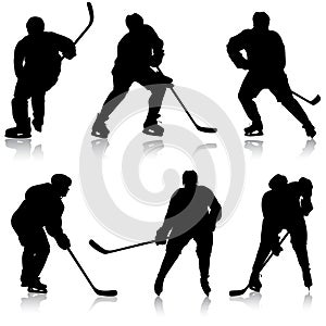 Set of silhouettes hockey player. Isolated on white. Vector illustrations