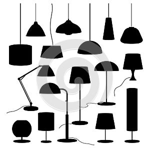 A set of silhouettes of household lamps and floor lamps Vector