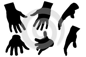 Set with silhouettes of human hands in various positions isolated on white background. Vector illustration