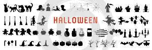 Set of silhouettes or icons of Halloween on a white background black. Vector illustration