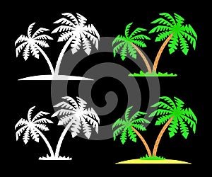 Set of silhouettes and images of palm trees.