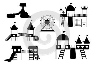 Set of silhouettes kids playground, entertainment in the form of horizontal bars and swings,children`s toys,slide, Vector illustra