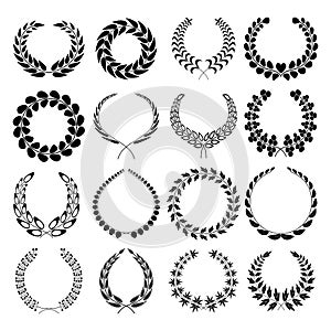 Set of silhouettes of laurel wreaths. Wreath vector icons different shapes isolated on white background. Victory