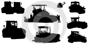 Set of silhouettes of machinery for road construction isolated on a white background. Vector