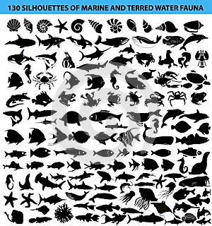 set of silhouettes of marine and amphibious fauna