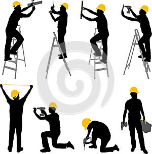 Set of Silhouettes of men wearing yellow helmet working with a tool equipment, Cordless Drill, hammer and tools box.
