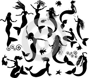 Set of silhouettes of mermaids