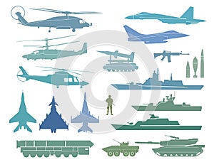 A set of silhouettes of military equipment. Aviation, ships and ground military forces