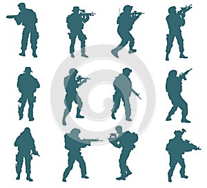 Set of silhouettes of military soldiers with weapons